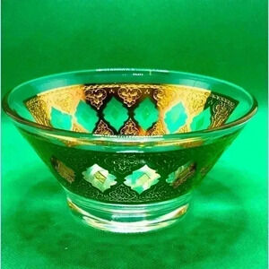 Culver's Valencia Pattern 22kt Gold Filigree W/ Grn Accents 5"x 2.5" Glass Bowl